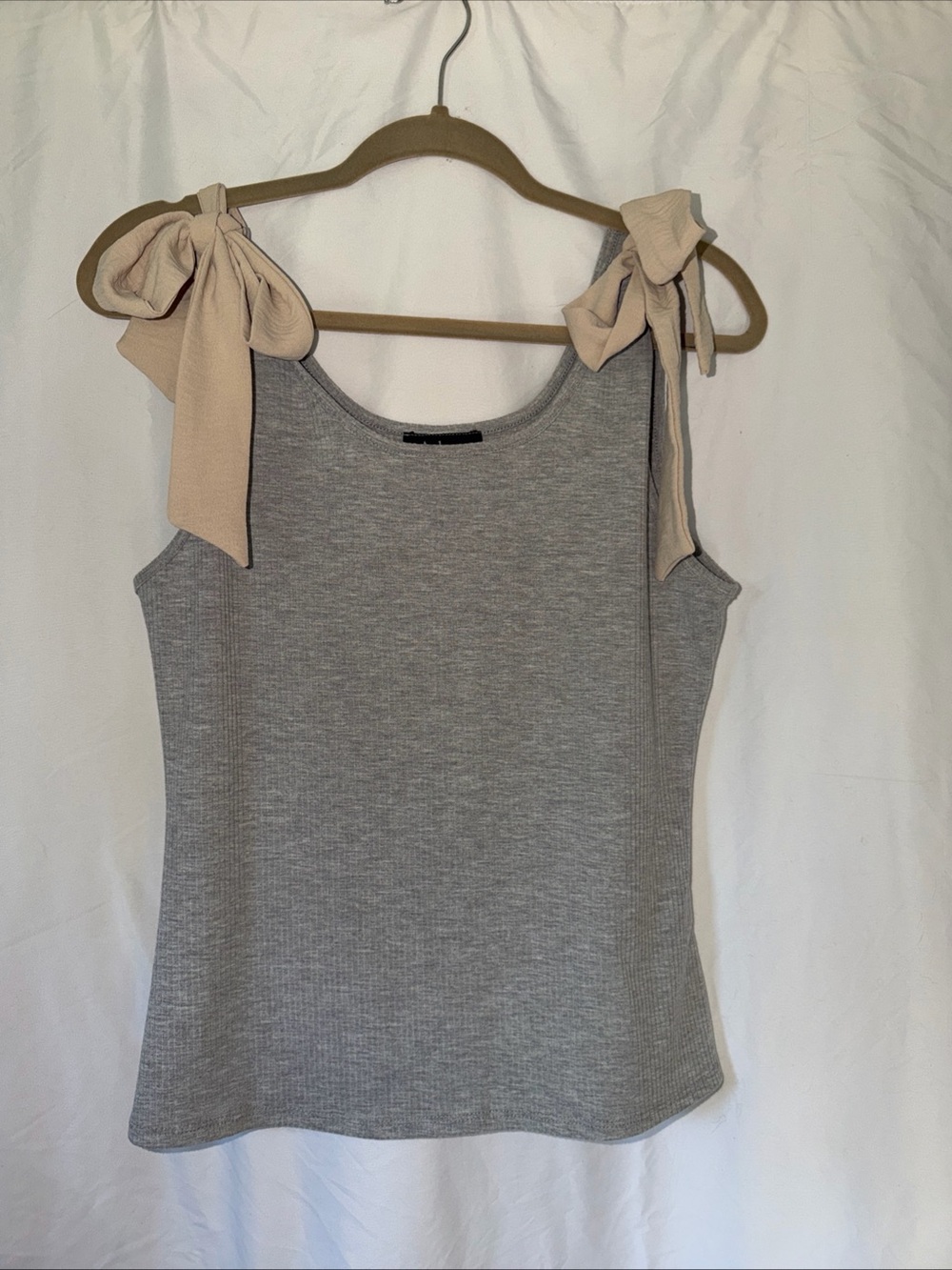 Adara Ribbed Gray Tank with Cream Tie-Shoulder Bows